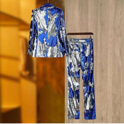 Blue White Sequined Performance Suit Women Casual Jacket Wide Leg Pants Female Nightclub Party Bar Host Set