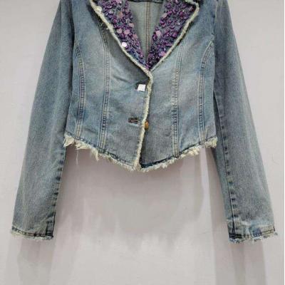 Spring Autumn Retro Denim Jacket for Women Rhinestone Short Slim Fit Denim Coat Female Long Sleeve Casual Jean Jacket