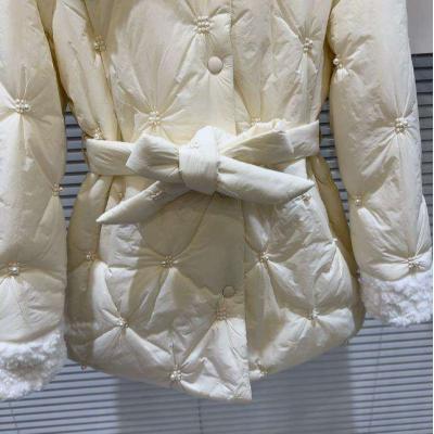 Winter New Fleece Lapel Rhinestone Down Jacket Women Waist Warm Down Coat Female Long Sleeve Casual Parkas
