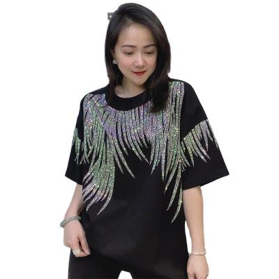 Loose Round Neck Short Sleeve T Shirt for Women Embroidery Hot Drilling Top Female Summer New Casual T-shirt