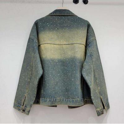 Retro Color Diamond Denim Jacket 2024 Spring Rhinestone Loose Long Sleeve Jean Jacket Female Fashion Casual Coat