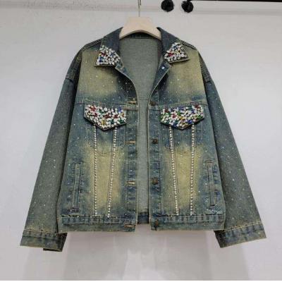Retro Color Diamond Denim Jacket 2024 Spring Rhinestone Loose Long Sleeve Jean Jacket Female Fashion Casual Coat