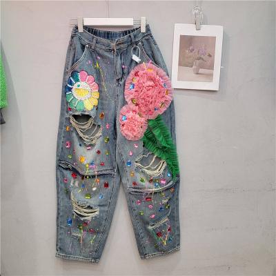 Beads Three Dimensional Flowers Jeans for Women Elastic High Waist Slimming Blue Denim Pants Lady Zip Ripped Trouser