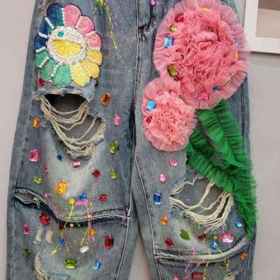 Beads Three Dimensional Flowers Jeans for Women Elastic High Waist Slimming Blue Denim Pants Lady Zip Ripped Trouser