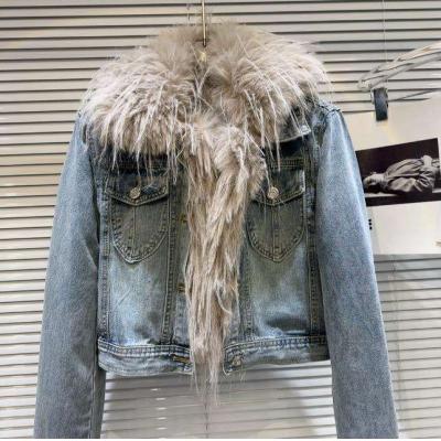 Ladies Winter Fur Collar Denim Jacket Long Sleeve Casual Quilted Liner Denim Short Coat Women's Blue Lapel Jean Jacket