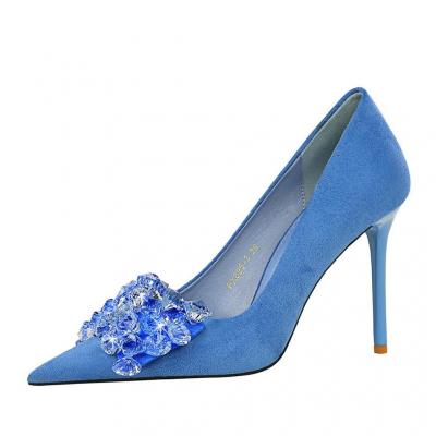 825-H27 Banquet High Heels Women's Shoes Thin Heel Suede Shallow Mouth Pointed Toe Gemstone Rhinestone Bow Shoes